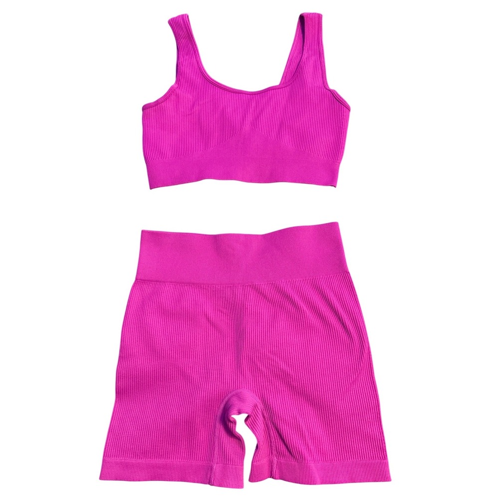 Fuchsia Pink Ribbed Seamless Workout Set Sports Bra Biker Shorts Size L